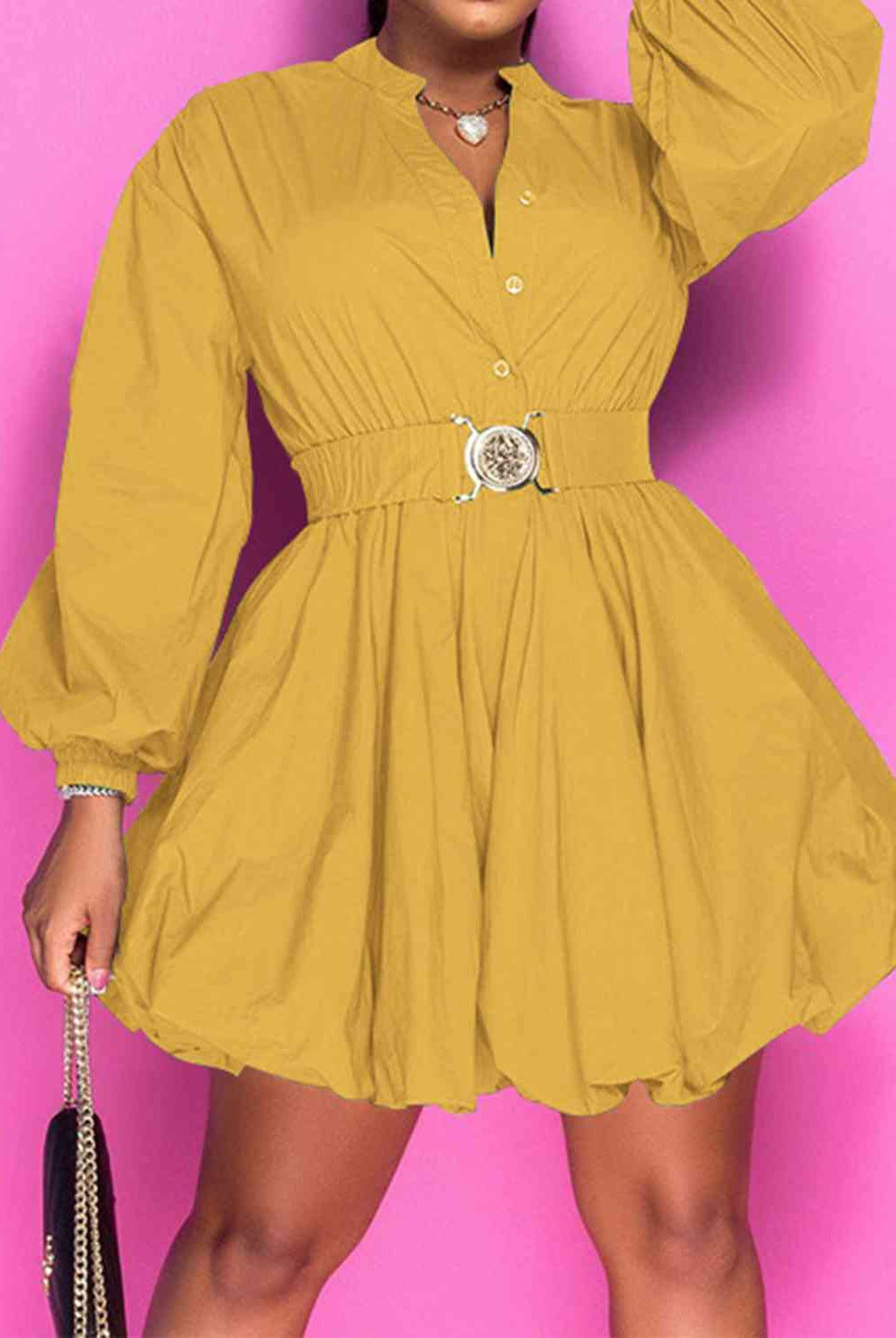 Sandy Brown Notched Button Up Balloon Sleeves Dress Plus Size Clothes