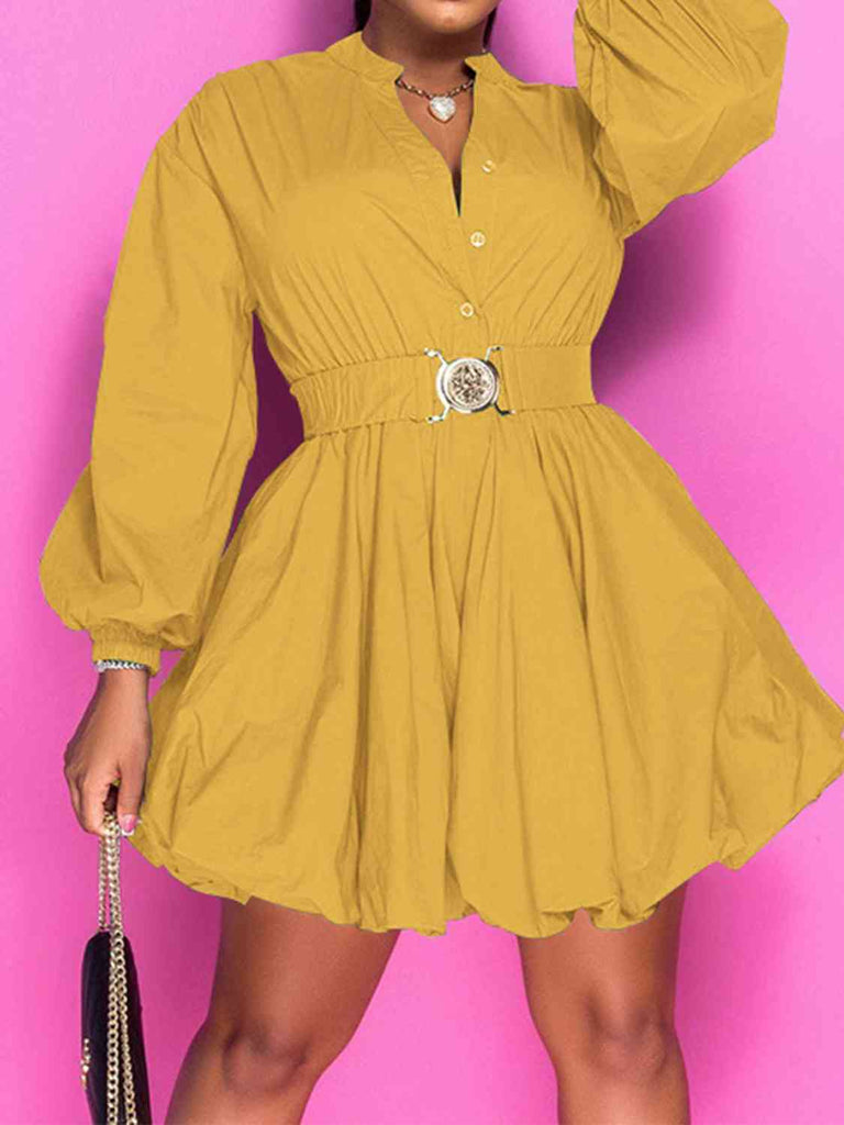 Sandy Brown Notched Button Up Balloon Sleeves Dress Plus Size Clothes