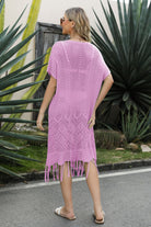 Light Slate Gray V-Neck Short Sleeve Fringe Hem Knit Dress Clothing