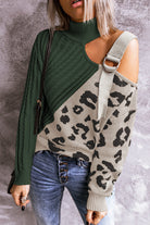 Dark Gray Leopard Color Block Turtleneck Sweater Shirts & Tops