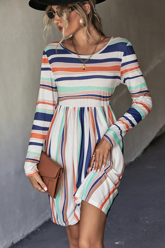 Slate Gray Striped Round Neck Long Sleeve Tee Dress