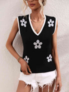 Light Gray Floral Contrast Ribbed Trim Sweater Vest Winter Accessories