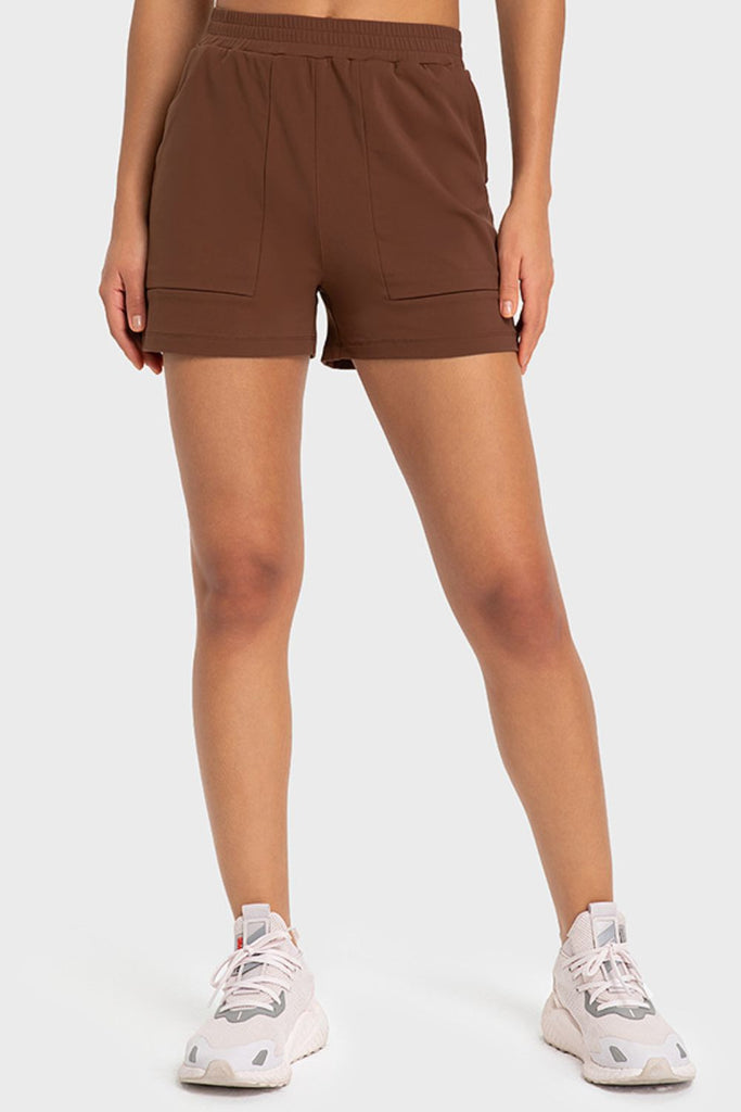 Beige Elastic Waist Sports Shorts with Pockets activewear