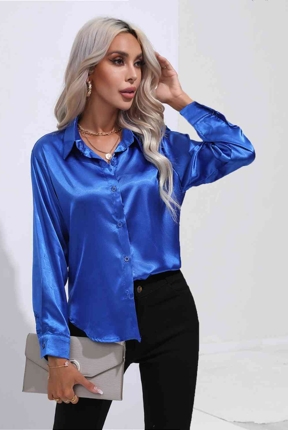 Midnight Blue Collared Neck Buttoned Long Sleeve Shirt Plus Size Clothes