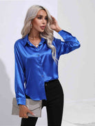 Midnight Blue Collared Neck Buttoned Long Sleeve Shirt Plus Size Clothes