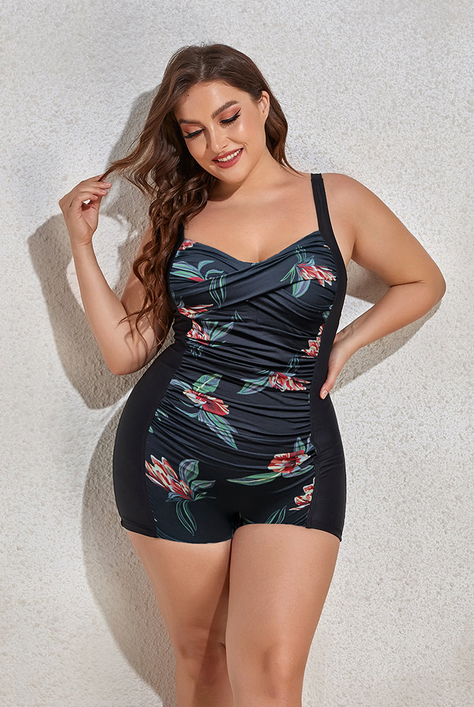 Gray Plus Size Printed Sleeveless Swim Romper Plus Size Clothes