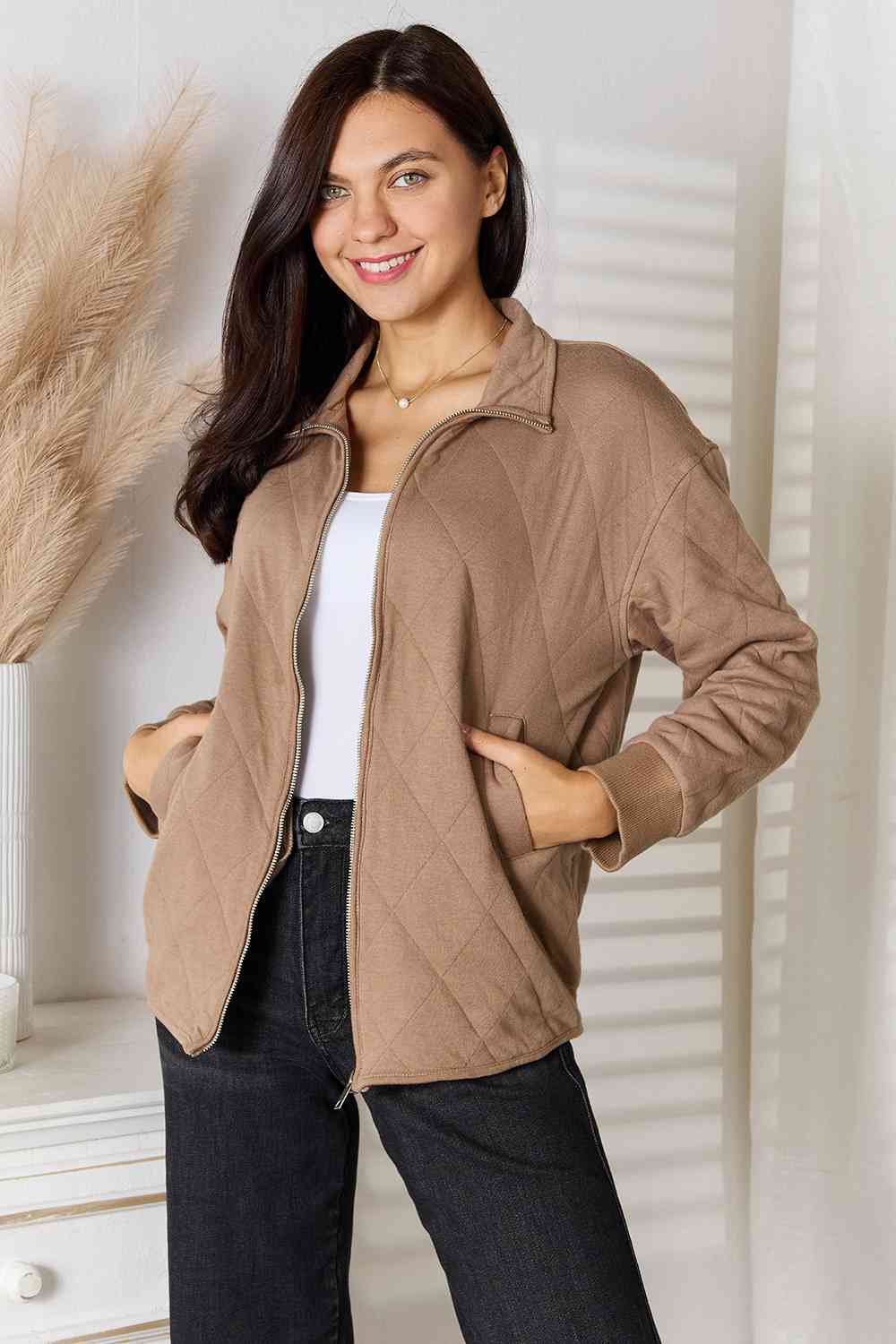 Rosy Brown Heimish Full Size Zip-Up Jacket with Pockets Plus Size Clothes