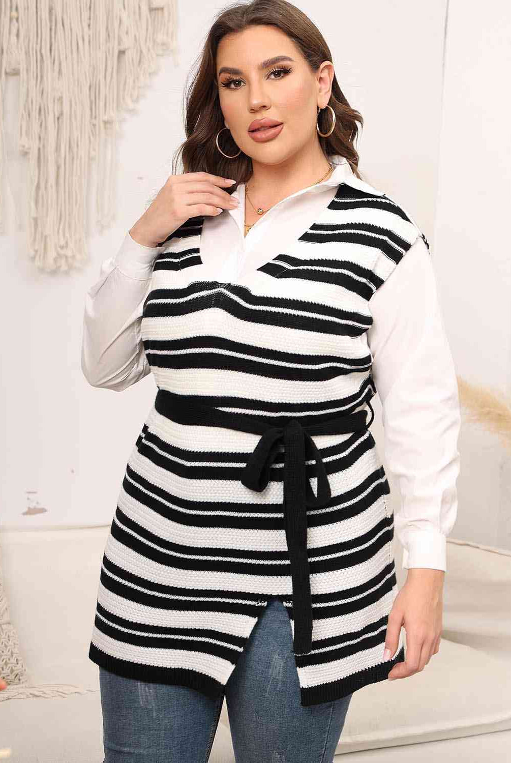 Light Gray Plus Size Striped Colared Neck Tied Front Sweater Vest Plus Size Clothes