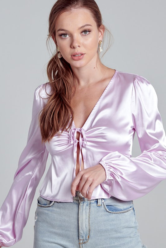 Gray Megan Satin Long Sleeve Shirts & Tops