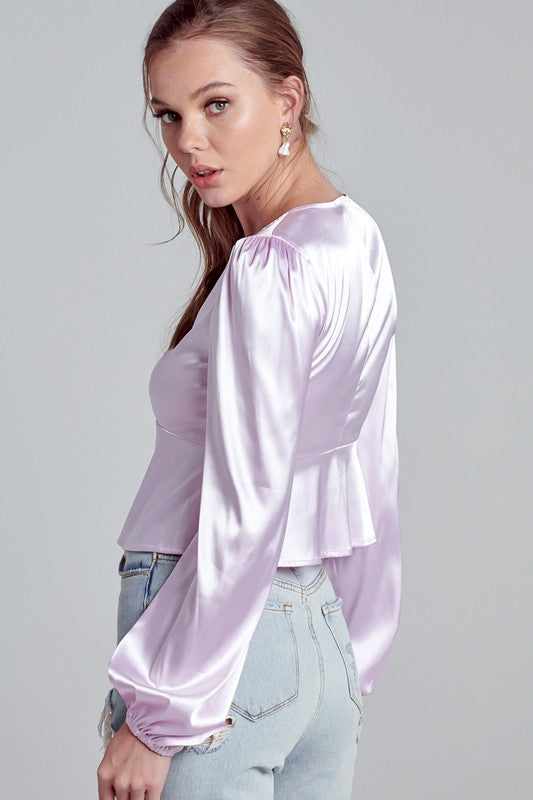 Gray Megan Satin Long Sleeve Shirts & Tops