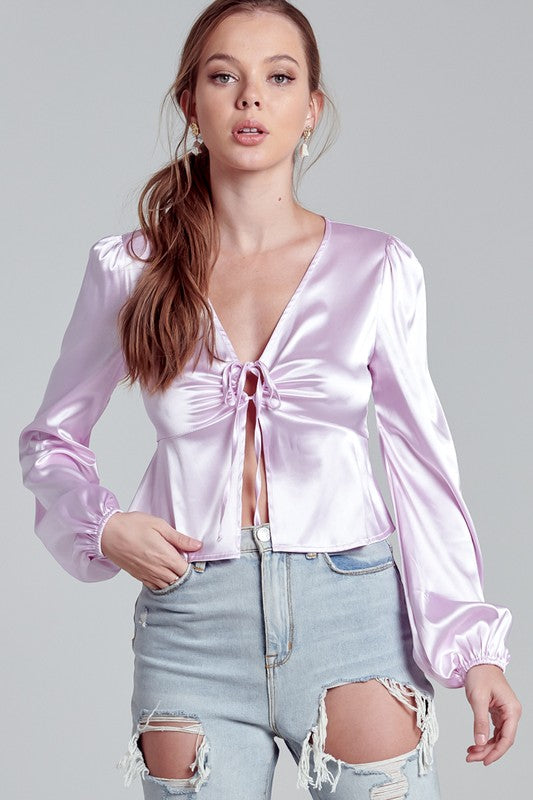 Gray Megan Satin Long Sleeve Shirts & Tops