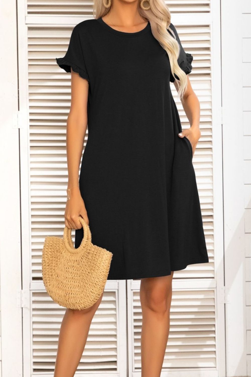 Black Flounce Sleeve Round Neck Dress with Pockets