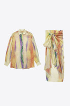 Beige Tie-Dye Long Sleeve Shirt and Tied Skirt Set Clothing