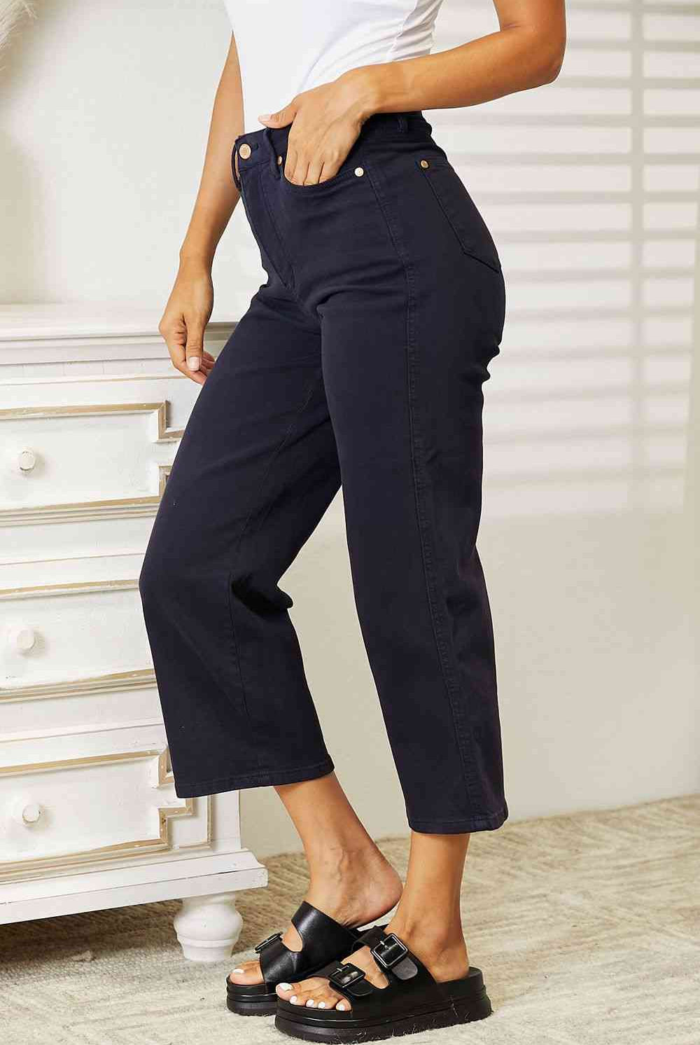 Dark Slate Gray Judy Blue Full Size High Waist Tummy Control Garment Dyed Wide Cropped Jeans Denim