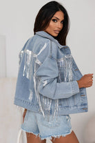 Gray Sequin Fringe Trim Distressed Button Up Denim Jacket Clothing