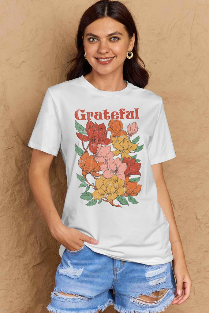 Rosy Brown Simply Love Full Size GRATEFUL Flower Graphic Cotton T-Shirt Graphic Tees