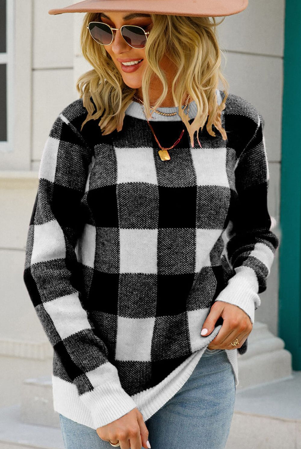 Gray Holiday Cheer Checkered Ribbed Trim Knit Pullover Sweater