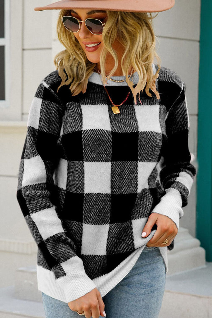 Gray Holiday Cheer Checkered Ribbed Trim Knit Pullover Sweater