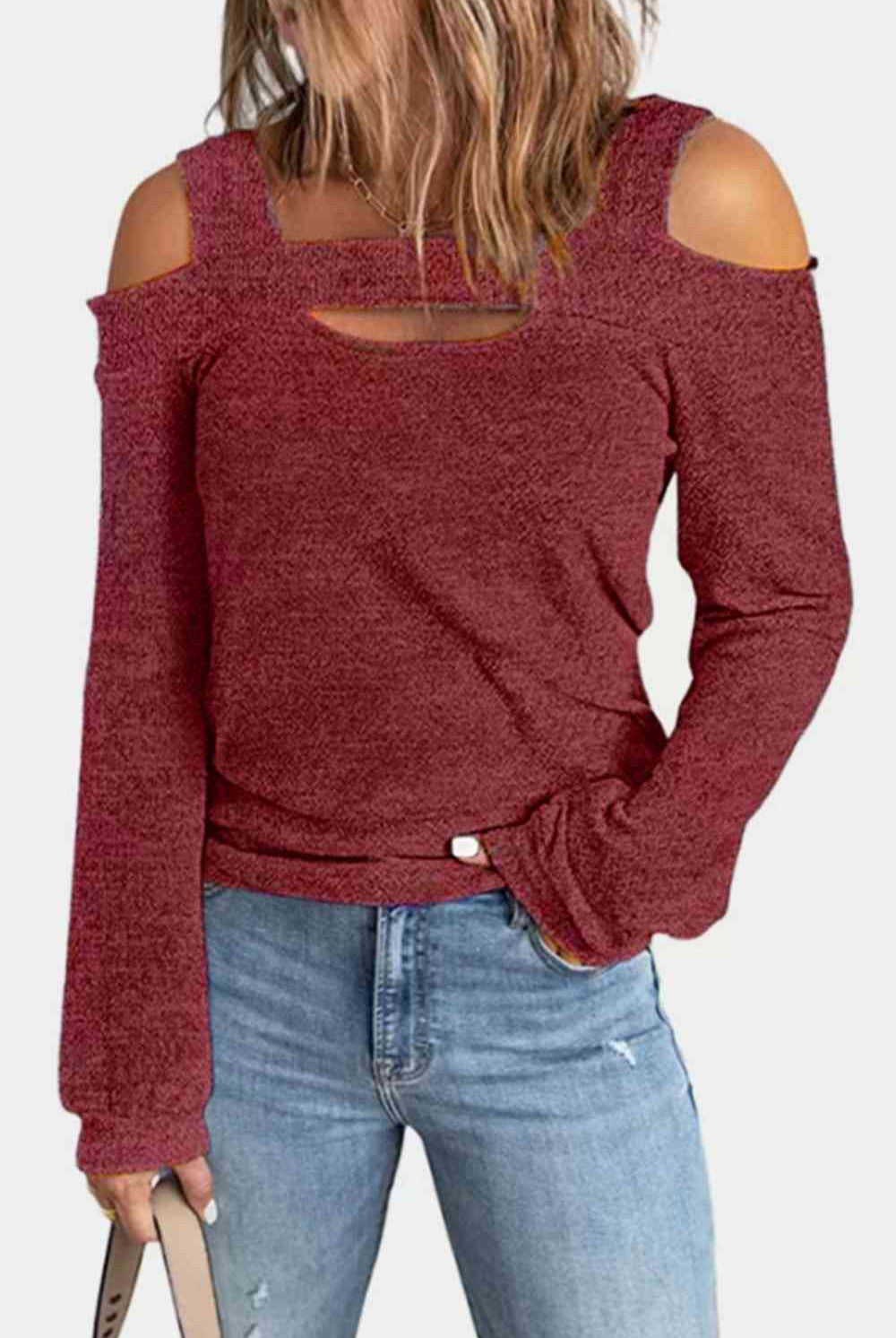 Saddle Brown Full Size Cutout Cold Shoulder Blouse Plus Size Clothes