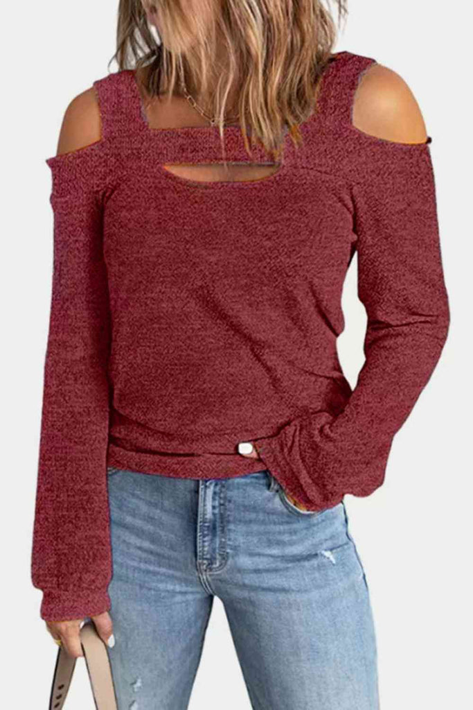 Saddle Brown Full Size Cutout Cold Shoulder Blouse Plus Size Clothes
