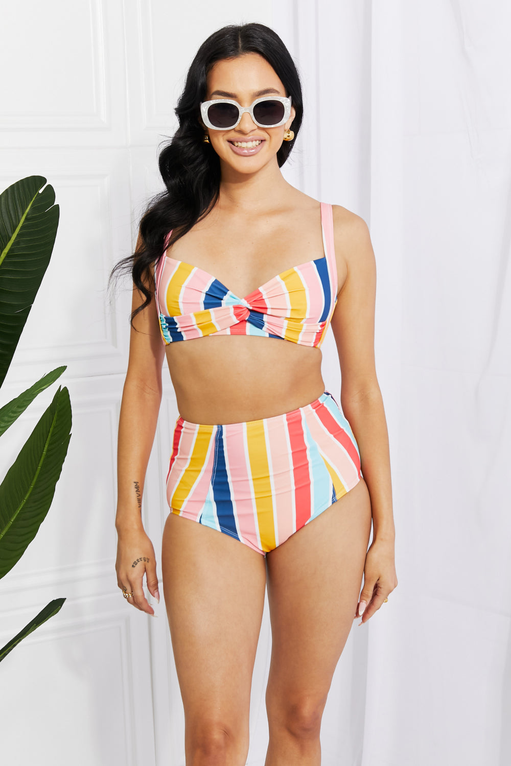 Light Gray Marina West Swim Take A Dip Twist High-Rise Bikini in Stripe Swimwear