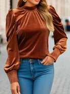 Saddle Brown Tied Mock Neck Puff Sleeve Blouse Clothing