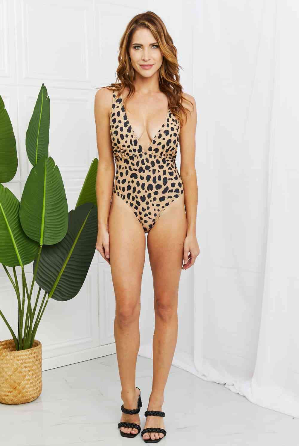 Light Gray Marina West Swim Beachy Keen Full Size V-Neck Front Tie One-Piece Swimsuit in Leopard Trends
