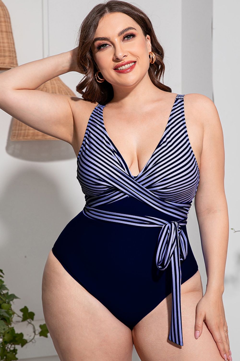 Rosy Brown No Caption Needed Plus Size Striped Tie-Waist One-Piece Swimsuit Swimwear