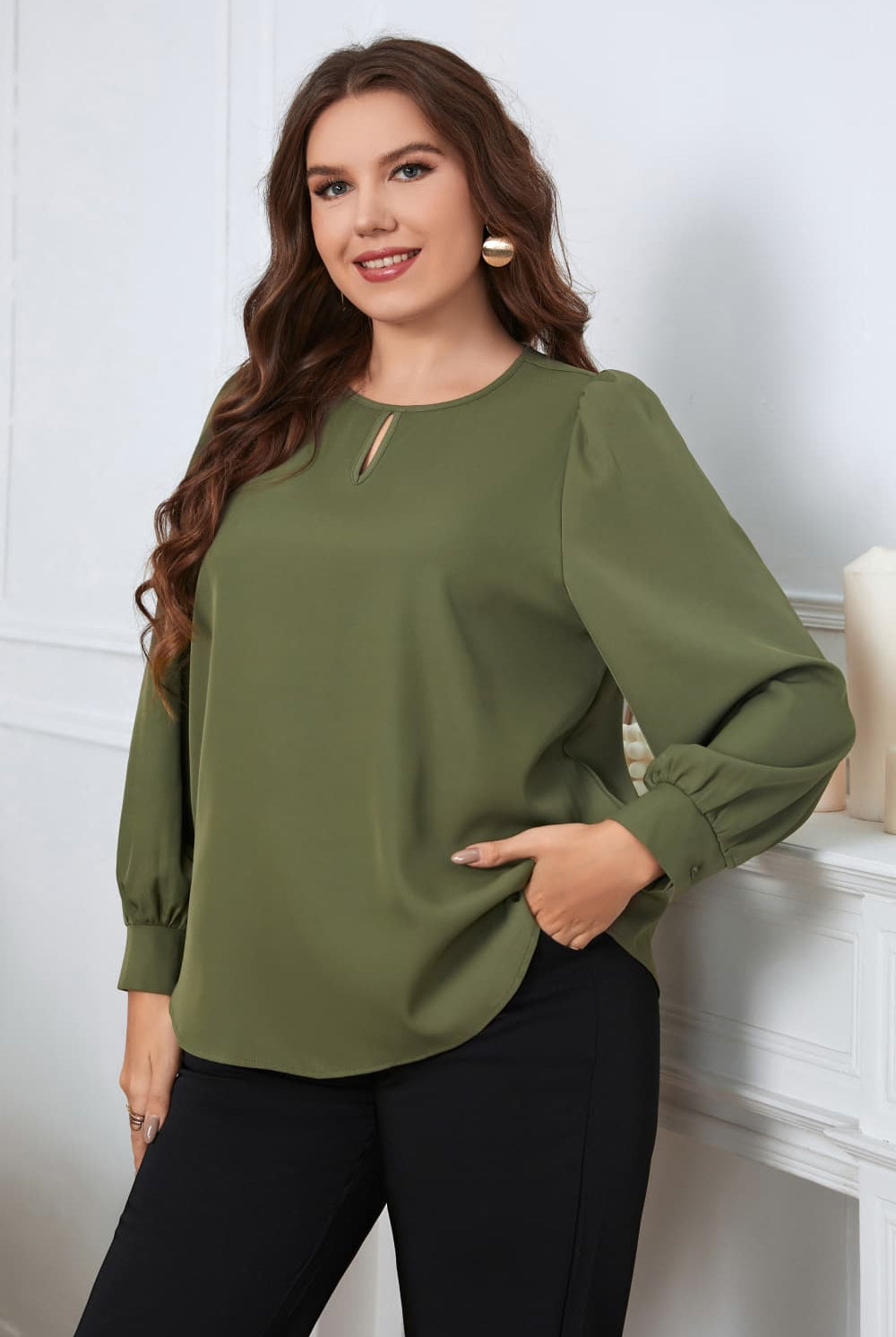 Dark Olive Green Supplying The Demand Plus Size Round Neck Long Sleeve Blouse Plus Size Tops