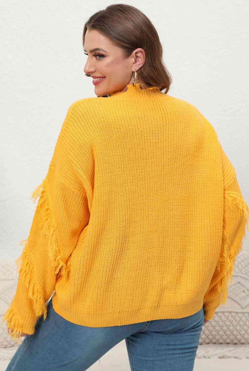 Sandy Brown Plus Size Fringe V-Neck Long Sleeve Sweater Plus Size Clothes