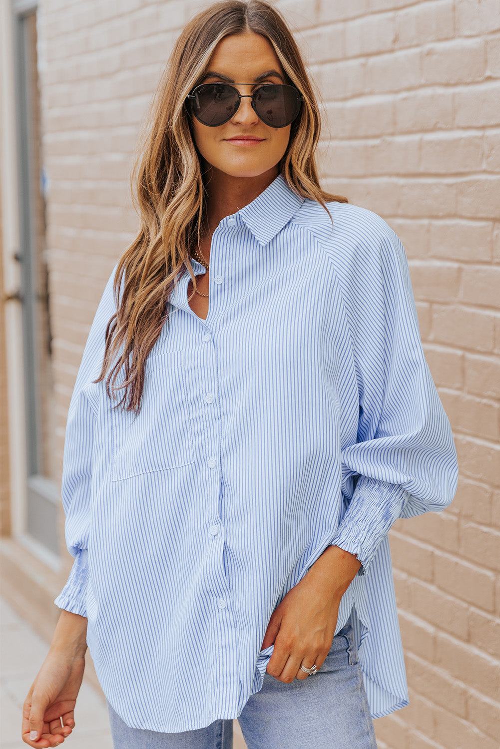 Gray Striped Lantern Sleeve Collared Shirt Tops