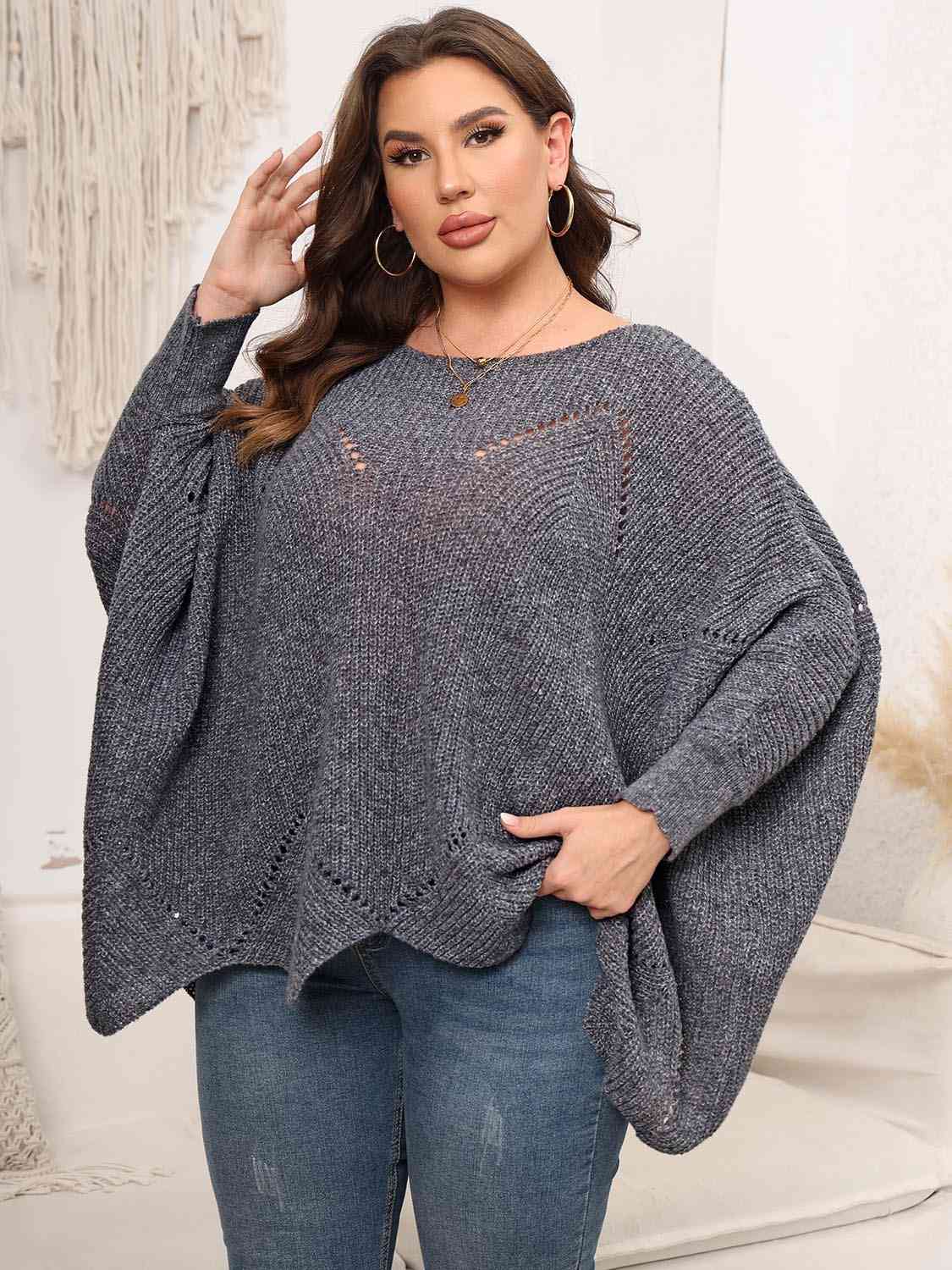 Light Gray Plus Size Round Neck Batwing Sleeve Sweater Plus Size Clothes