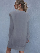 Light Slate Gray Round Neck Long Sleeve Mini Dress Clothing