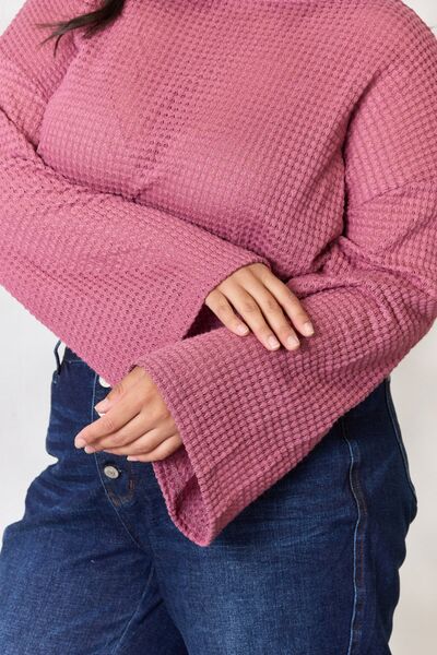 Pale Violet Red Culture Code Full Size Waffle-Knit Round Neck Long Sleeve Blouse Plus Size Clothing