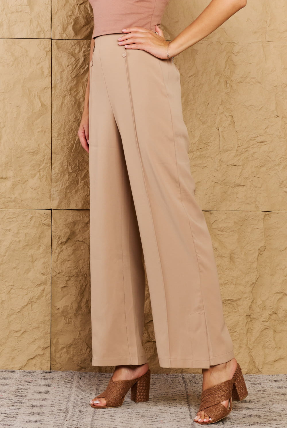 Rosy Brown Pretty Pleased High Waist Pintuck Straight Leg Pants in Camel Pants