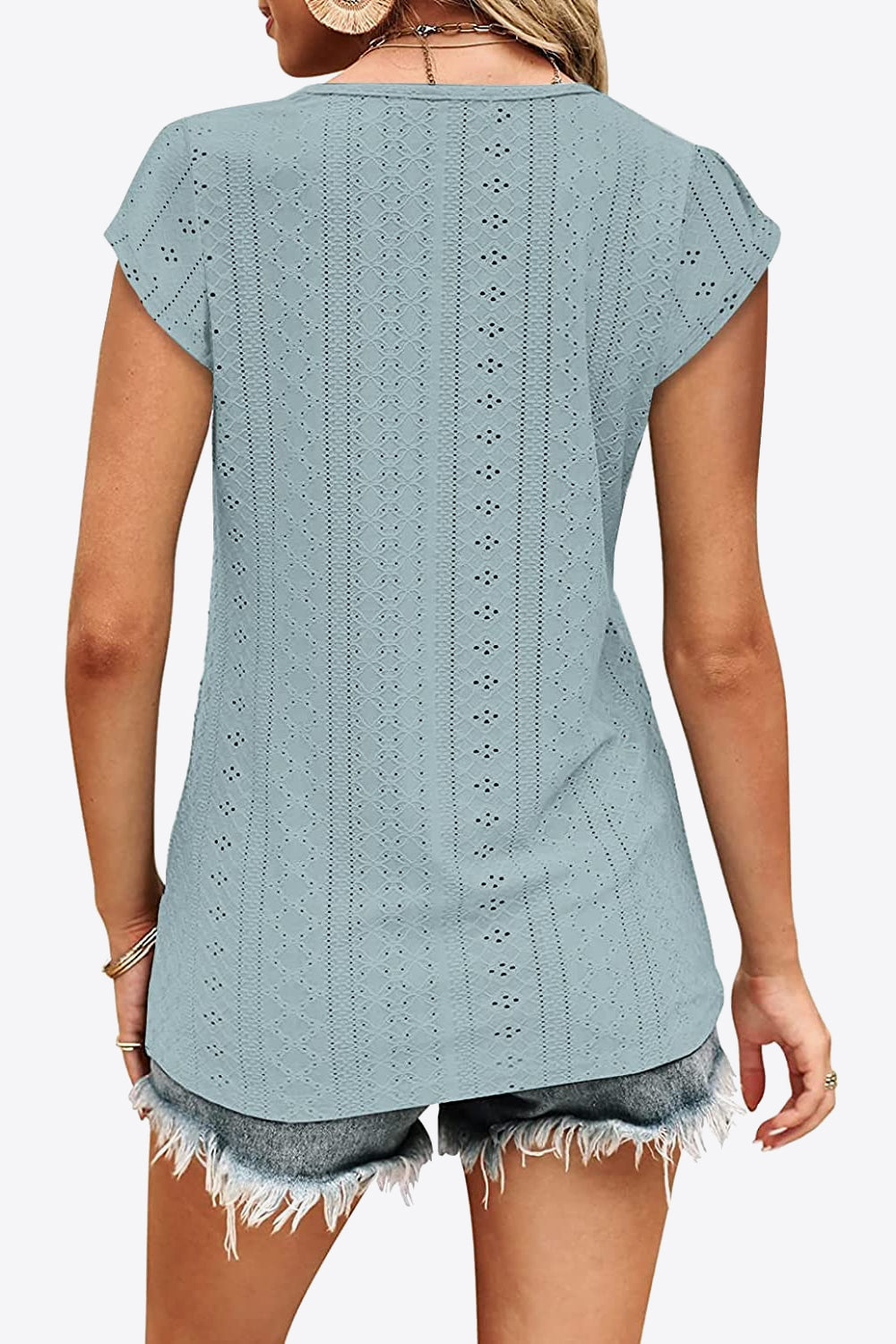 Light Gray Eyelet Contrast V-Neck Tee Tops