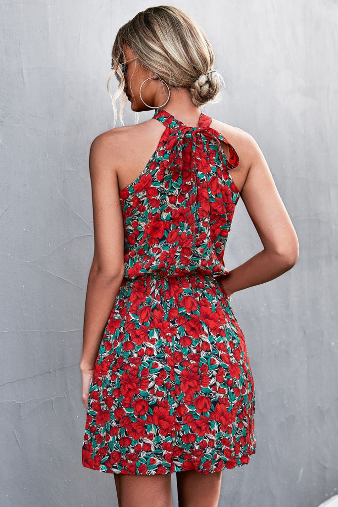 Dark Gray Floral Tied Sleeveless Mini Dress Clothing