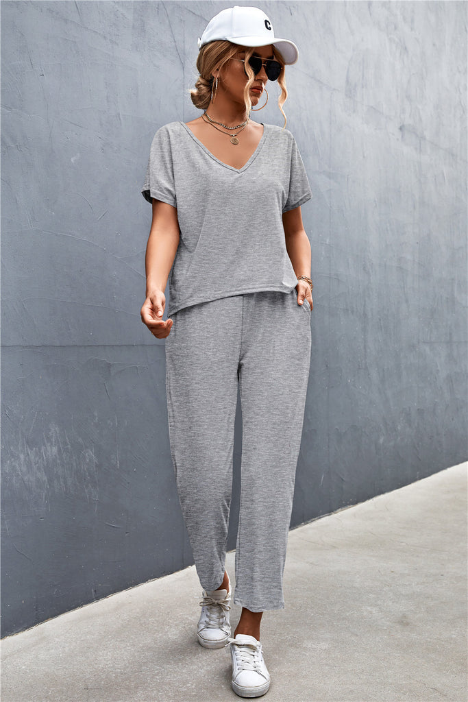 Dark Gray V-Neck Short Sleeve T-Shirt and Drawstring Waist Pants Set Outfit Sets