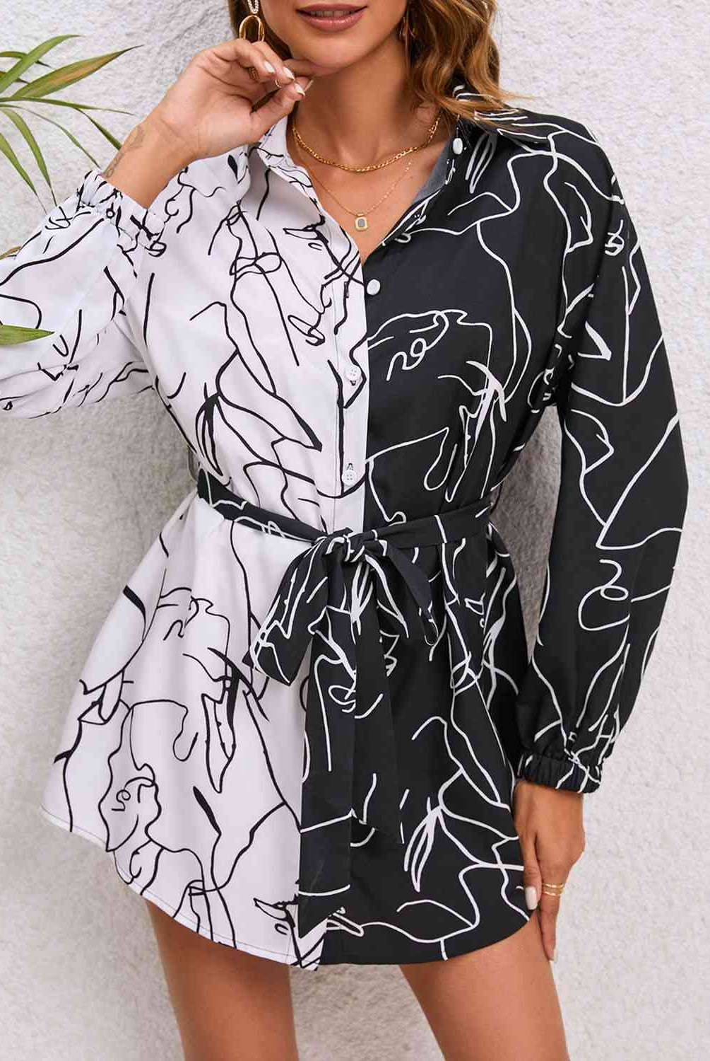 Dark Slate Gray Printed Tie Waist Shirt Dress Clothing