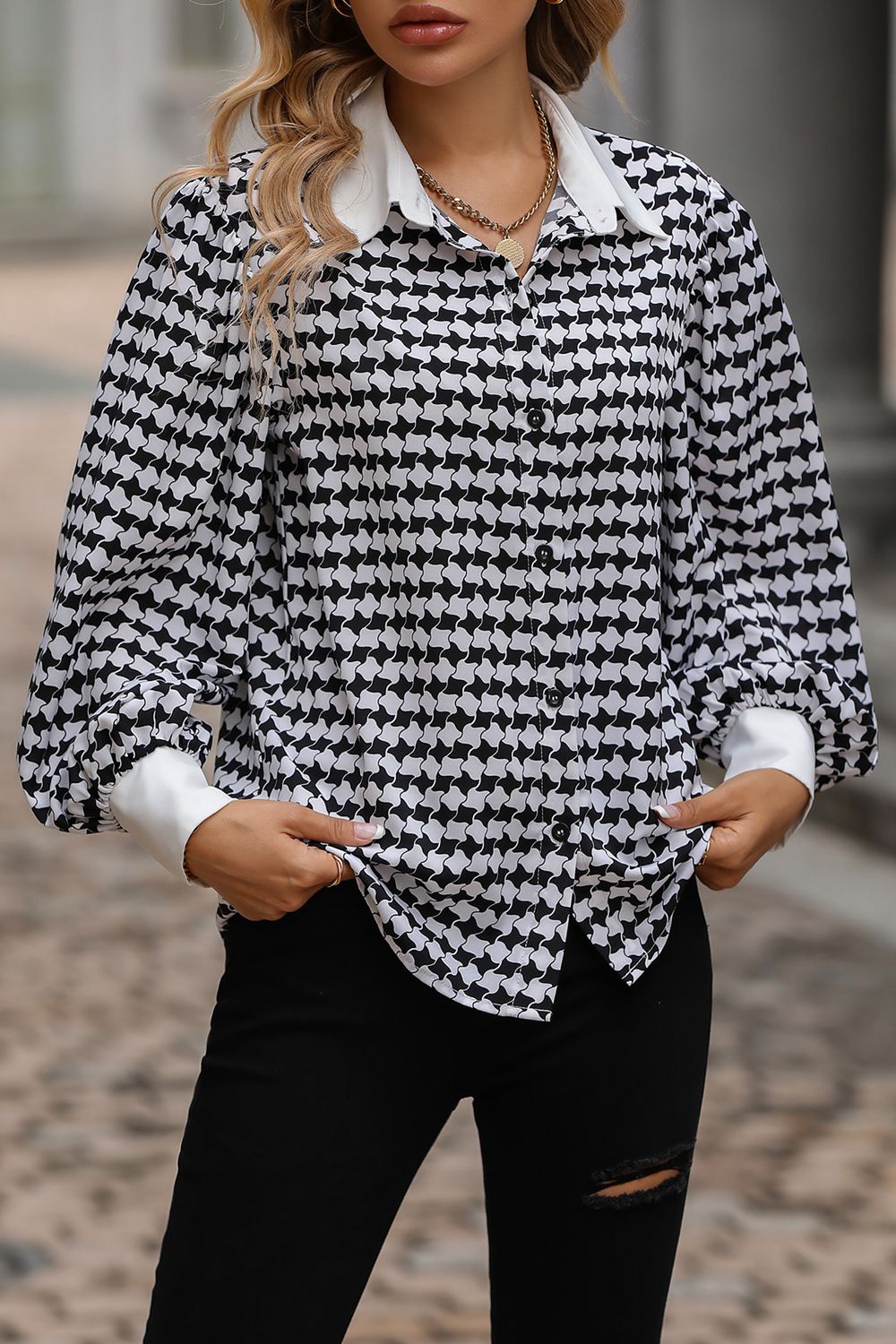 Dark Slate Gray Retro Romance Houndstooth Printed Collared Neck Lantern Sleeve Shirt Blouses