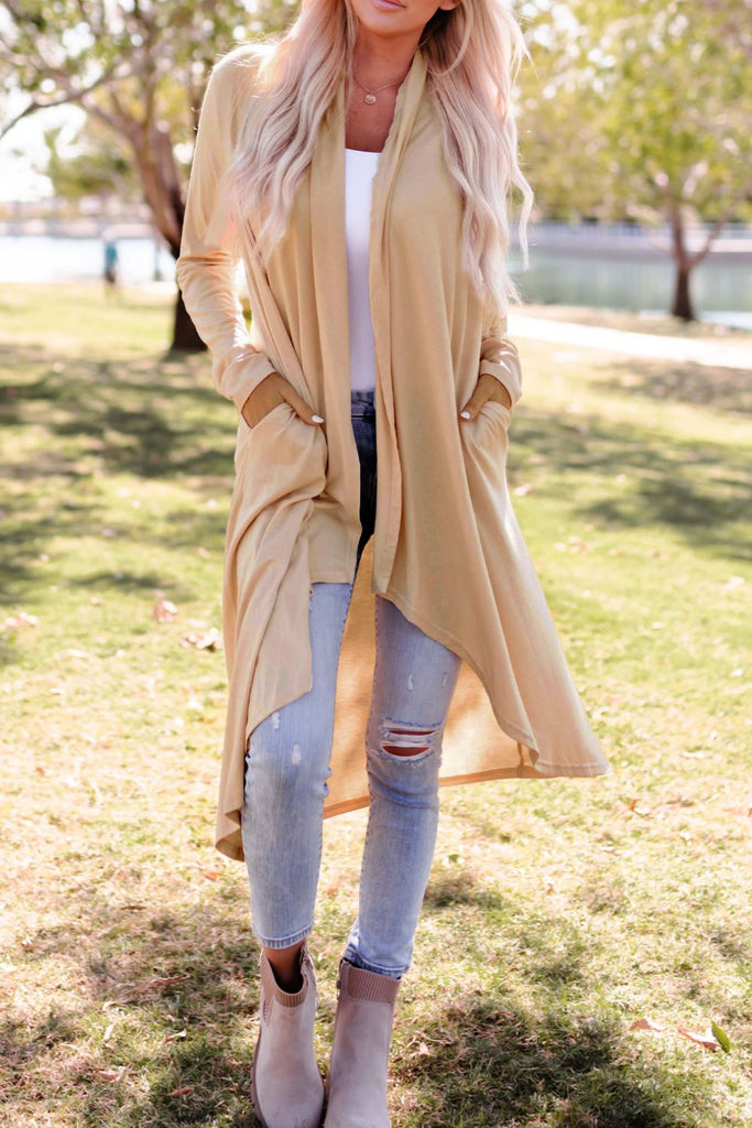 Tan High-Low Open Front Cardigan with Pockets