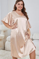 Gray Plus Size Flutter Sleeve V-Neck Side Slit Night Gown