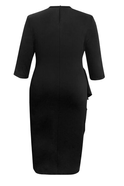 Black Plus Size Ruffle Trim Round Neck Long Sleeve Dress New Year Looks