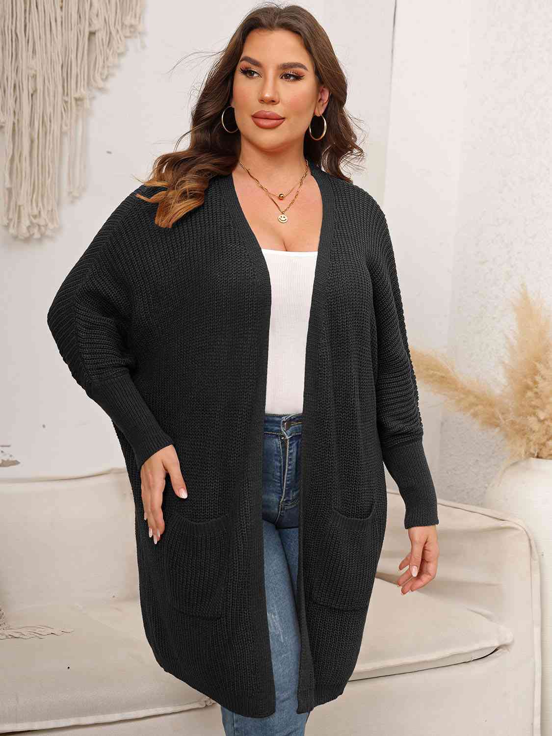 Dark Slate Gray Plus Size Open Front Cardigan With Pockets Plus Size Clothes