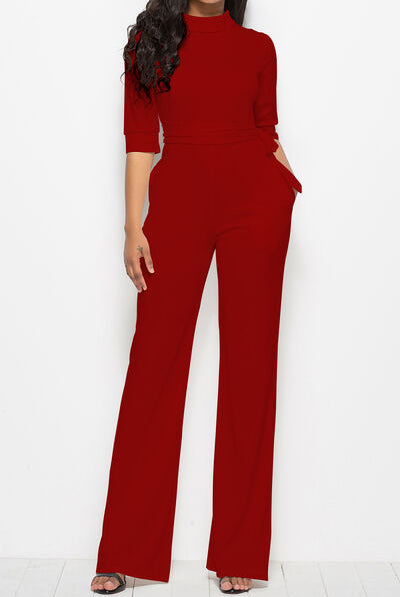 Dark Red Mock Neck Tie-Waist Half Sleeve Jumpsuit Clothes