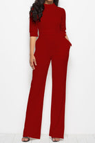 Dark Red Mock Neck Tie-Waist Half Sleeve Jumpsuit Clothes