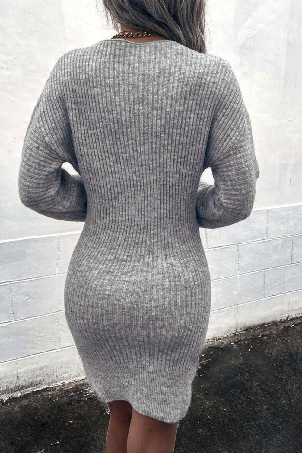 Gray Ribbed Long Sleeve Sweater Dress Clothing