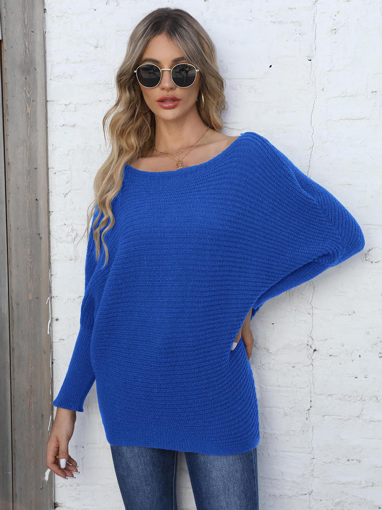 Dark Slate Blue Full Size Horizontal Ribbing Dolman Sleeve Sweater