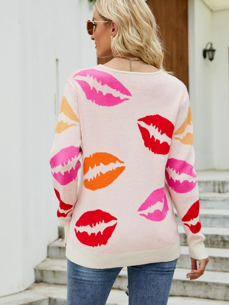 Light Gray Too Good To Be True Lip Print V-Neck Knit Top Shirts & Tops