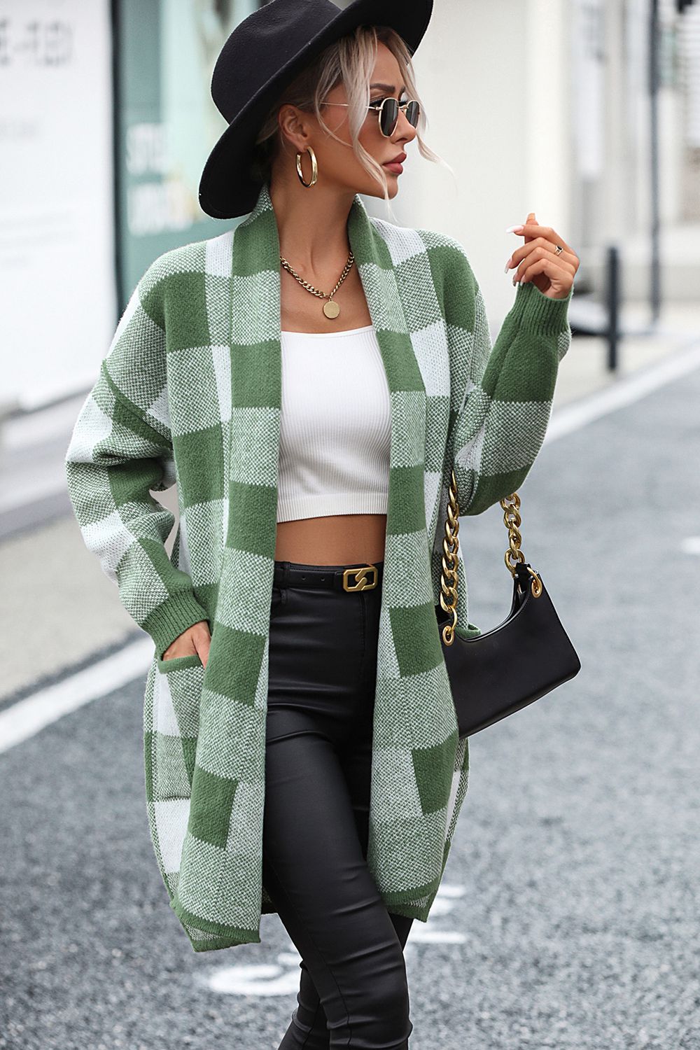 Gray Plaid Dropped Shoulder Cardigan with Pocket